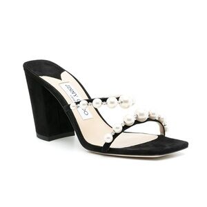 NWT Jimmy Choo Amara 85 Embellished Pearl Suede Sandals Size 9.5